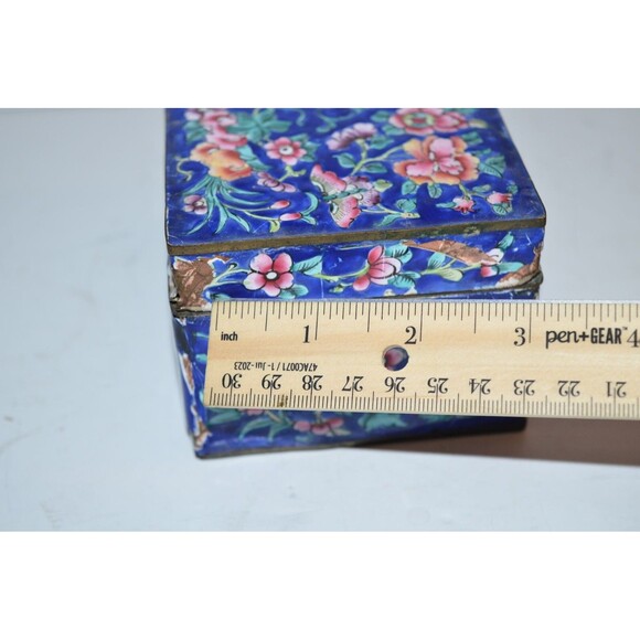 Vtg Chinese Enamel Brass Trinket Box Damaged Blue floral flaws - Picture 8 of 15